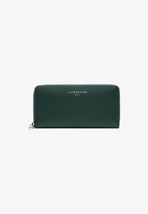 Green leather wallet with a zip closure, featuring silver branding and a smooth texture. Rectangular shape with rounded edges.