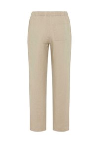 Beige linen trousers with an elastic waistband, featuring a single back pocket and a straight leg design. Textured fabric with minimal seam detail.