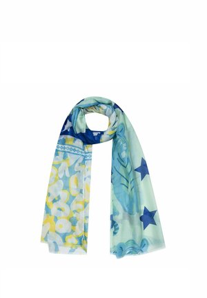 Light blue scarf with abstract floral, star patterns in blue, white, and yellow, loosely looped against a white background.