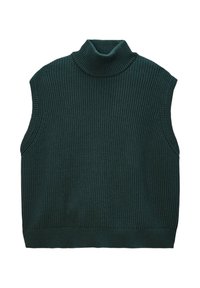 Pull en maille sans manches de couleur vert foncé, avec une texture côtelée et une coupe ajustée. Il dispose d'un col haut et d'un ourlet droit en bas.