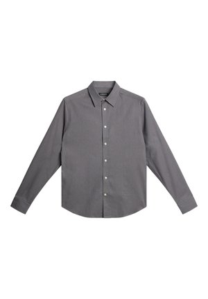 Gray button-up shirt made of textured fabric, featuring long sleeves, a point collar, and a curved hem. Includes white buttons and logo detail.