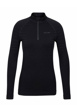 Schwarzes Langarmshirt mit einem halbhohen Reißverschlusskragen, das eine schlanke Passform und strukturierte Muster entlang der Arme aufweist, hergestellt aus einem dehnbaren Stoff.