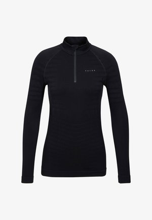 Schwarzes Langarmshirt mit einem halbhohen Reißverschlusskragen, das eine schlanke Passform und strukturierte Muster entlang der Arme aufweist, hergestellt aus einem dehnbaren Stoff.