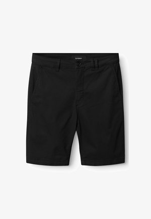 Mustad lühikesed püksid kerged kangast, millel on nööpkinnitus, vööaasad ja kaks küljetaskut. Sile tekstuur ja sirge lõige.