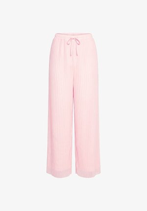 Hellrosa weit geschnittene Hose mit vertikalen Falten und einem elastischen Bund, der vorne mittig mit einer kleinen Kordel als Schleife verziert ist.