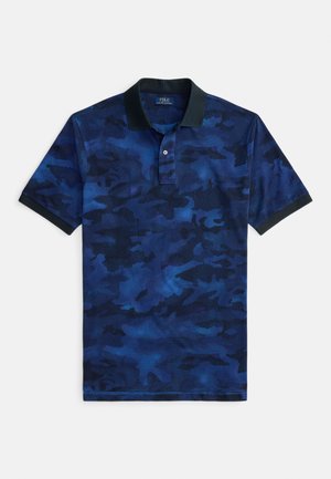 Herre kortermet poloshirt med blått og svart kamuflasjemønster, svart krage og ermekanter, og to-knapps knepping.