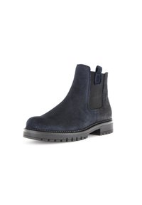 Leren Chelsea-boot in marineblauw suede met elastische zijpanelen, een trekhaak en een geprofileerde rubberen buitenzool. Rond gevormde neus.