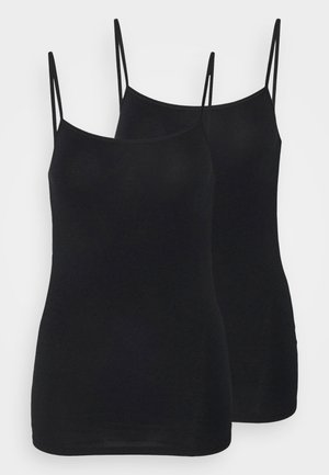 Deux débardeurs noirs avec des fines bretelles réglables, en tissu extensible et texture lisse. Design simple sans motifs ni embellissements.