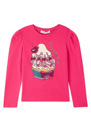 Maglietta a manica lunga rosa con grafica di un cupcake decorato con una ciliegina, zuccherini e un pirottino blu, abbellita da dettagli in glitter.