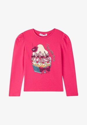 Maglietta a manica lunga rosa con grafica di un cupcake decorato con una ciliegina, zuccherini e un pirottino blu, abbellita da dettagli in glitter.