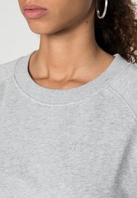 Jasnoszara bluza z okrągłym dekoltem i raglanowymi rękawami. Posiada wytłoczone logo na piersi. Miękka tekstura i casualowy design.