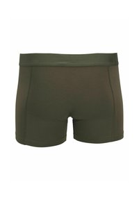 Dunkelgrüne Stretch-Boxershorts mit einem breiten elastischen Bund, schmaler Passform und Flatlock-Nähten für zusätzlichen Komfort. Einfaches Design ohne Muster.