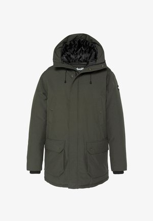 Giacca parka imbottita verde con cappuccio, caratterizzata da fodera nera, chiusura frontale con bottoni a pressione e numerose tasche frontali per la conservazione.