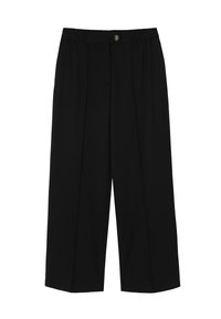 Pantaloni neri a vita corta con design a pieghe, cintura elastica e dettaglio di un pulsante. Tessuto liscio e forma sartoriale.