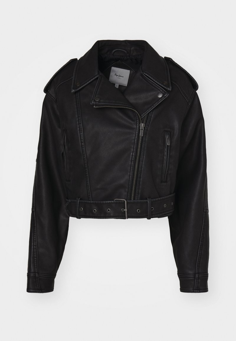 Veste en cuir noir coupée avec fermeture éclair, épaulettes, et poches latérales. Présente une taille ceinturée et une texture lisse.