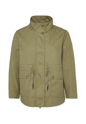 Veste vert olive avec col montant, fermeture éclair sur le devant, deux poches poitrine et cordons de serrage réglables à la taille pour un ajustement personnalisable.