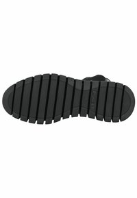 Suela de zapato de goma negra con surcos y estrías horizontales, que presenta una punta redondeada y un patrón texturizado para agarre. Tamaño 37 visible.