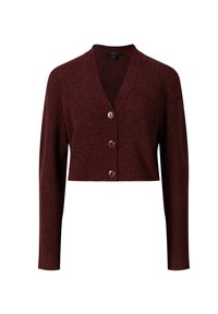 Vínový krátký kardigan s dlouhými rukávy, výstřihem do V a třemi knoflíky. Vyroben z měkké, strukturované tkaniny s žebrovanými detaily.