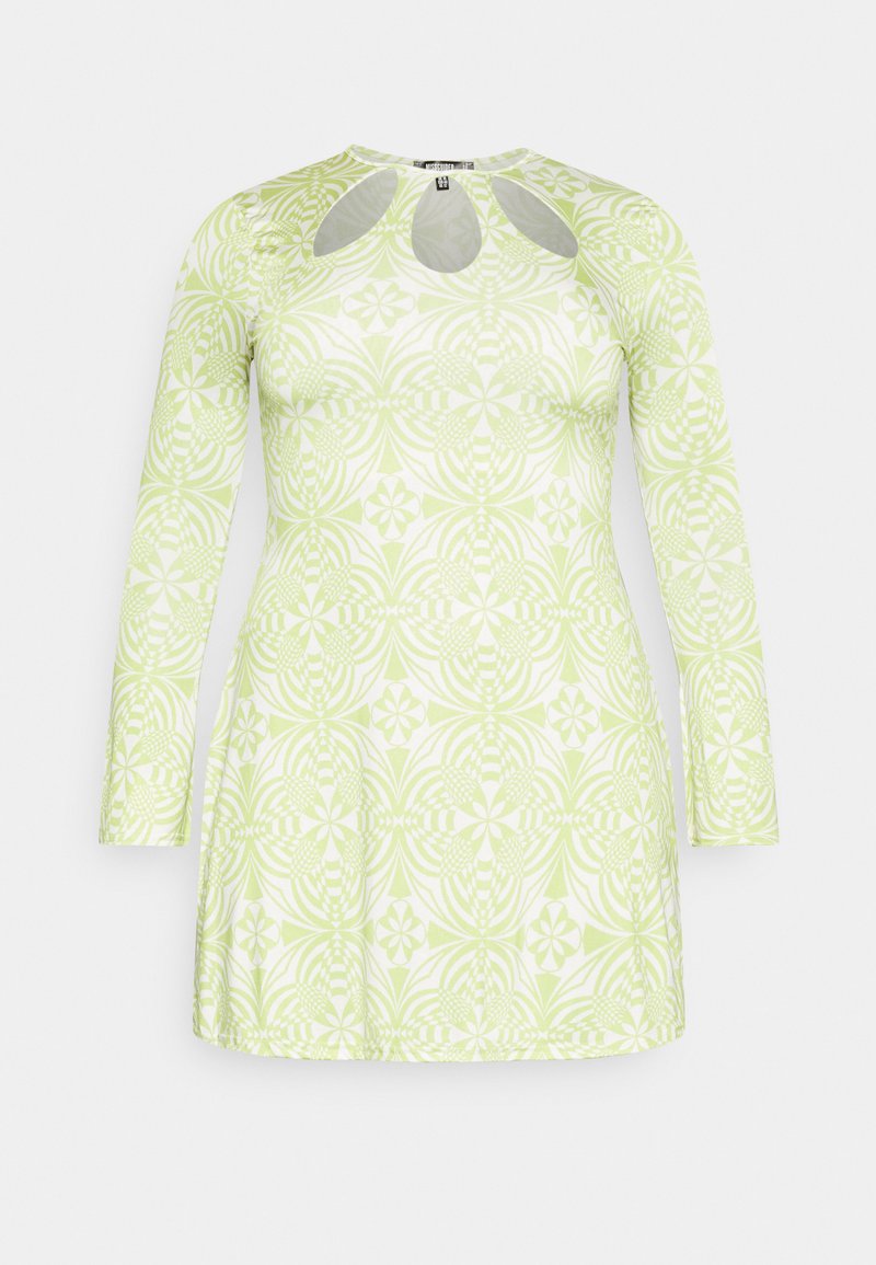 Vestido de mangas longas em verde claro com padrão floral geométrico, apresentando um decote redondo e um detalhe em formato de olho-chave na frente.