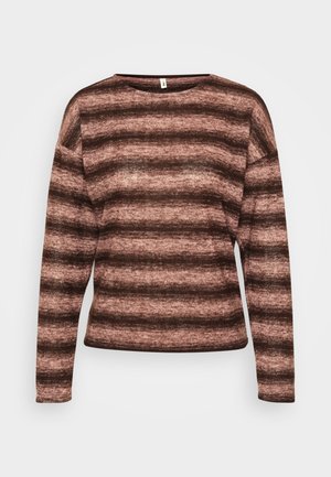 Καφέ και ροζ ριγέ μακρυμάνικη μπλούζα φτιαγμένη από απαλό, υφασμάτινο υλικό με φαρδύ ντεκολτέ και άνετη εφαρμογή.