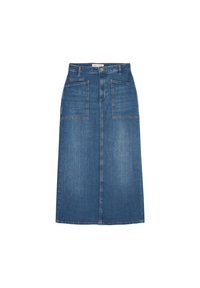 Gonna midi in denim, lavaggio blu medio, leggermente sbiadita. Presenta due tasche frontali e una forma dritta. Chiusura con bottone e cerniera.