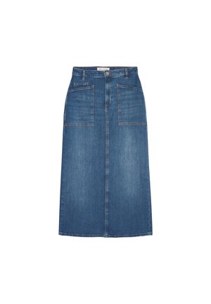 Denim-Midirock, mittlere blaue Wäsche, leicht ausgebleicht. Verfügt über zwei Vordertaschen und einen geraden Schnitt. Wird mit einem Knopf und einem Reißverschluss geschlossen.