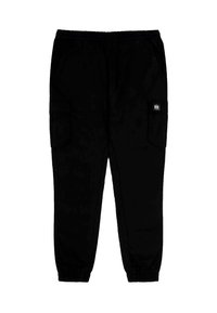 Pantaloni cargo neri realizzati in tessuto, con vita elastica, tasche laterali e una tasca con bottone a pressione sulla gamba.