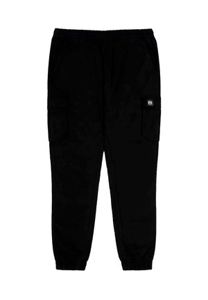 Pantaloni cargo neri realizzati in tessuto, con vita elastica, tasche laterali e una tasca con bottone a pressione sulla gamba.