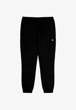 Pantaloni cargo neri realizzati in tessuto, con vita elastica, tasche laterali e una tasca con bottone a pressione sulla gamba.