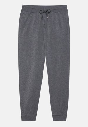 Gray sweatpants with an elastic waistband, adjustable drawstring, side pockets, and tapered cuffs, made from a soft fabric.
