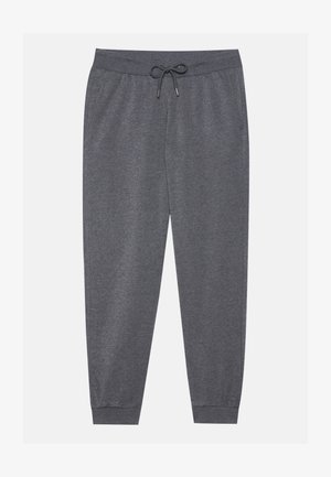 Pantalon de survêtement gris avec une taille élastique, cordon de serrage ajustable, poches latérales et poignets resserrés, fabriqué en tissu doux.