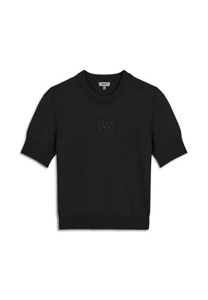 Schwarzes T-Shirt mit kurzen Ärmeln, rippenbesetztem Halsausschnitt und -bündchen. Enthält erhabene "swag"-Buchstaben in Schwarz auf der Brust. Glatte Stoffeoberfläche.
