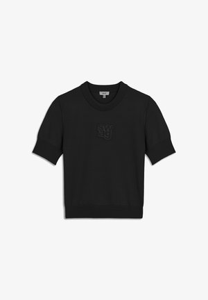 Černý krátký rukávový svetr s žebrovaným výstřihem a manžetami. Má vyvýšené nápisy "swag" v černé barvě na hrudi. Hladká textura látky.