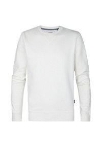 White sweatshirt with a textured, speckled pattern. Features a classic crew neck and long sleeves with ribbed cuffs. Simple design.