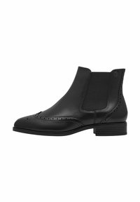 Svart läder Chelsea-ankelstövel med elastiska sidopaneler, broguedetaljer på tån och en staplad klack. Slät textur och elegant design.