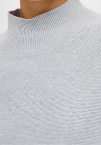 Helles graues Rippstrick-Turtleneck-Pullover mit einem strukturierten Strickmuster und hohem Kragen, aus einem weichen, dehnbaren Stoff gefertigt.