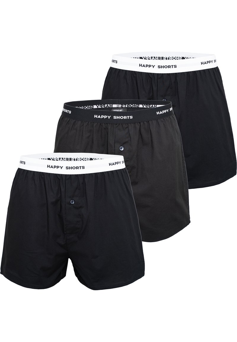 Drei Paare Boxershorts aus einem weichen Baumwollgemisch. Die Farben sind Schwarz und Grau, mit einem elastischen Bund, der mit "HAPPY SHORTS" beschriftet ist.