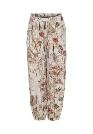 Løse bukser med elastisk talje og manchetter, med et blødt blomster- og botanisk print i afdæmpede beige, brune og pink nuancer.