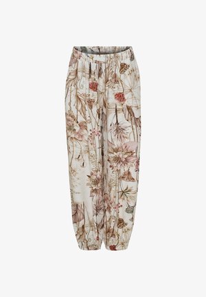 Løse bukser med elastisk talje og manchetter, med et blødt blomster- og botanisk print i afdæmpede beige, brune og pink nuancer.