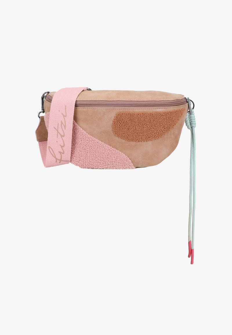 Light tan fanny pack with pink and brown fabric accents, a zipper closure, and a pink strap featuring a logo. Textured surface with soft detailing.