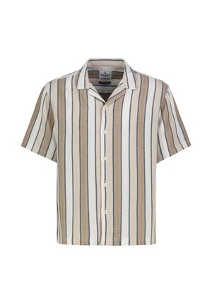 Kurzärmliges Hemd mit Knopfleiste, vertikalen beigen, weißen und schwarzen Streifen und lockerem Kragen, Größe Medium.