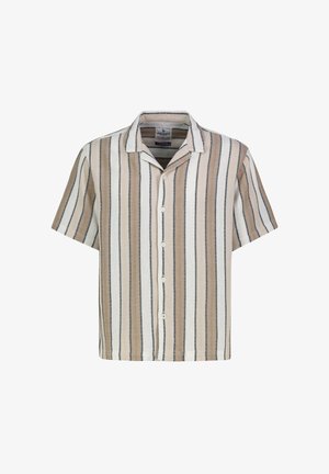Kurzärmliges Hemd mit Knopfleiste, vertikalen beigen, weißen und schwarzen Streifen und lockerem Kragen, Größe Medium.