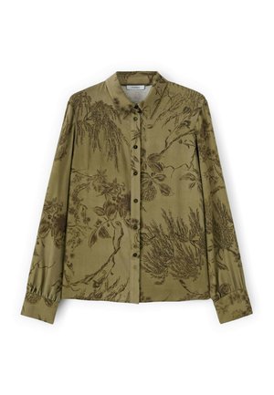 Oliivinvihreä pitkähihaista nappikauluspaitaa koristaa tumma kasviaiheinen kuvio, jossa on lehtiä, oksia ja kukkia. Paidassa on klassinen kaulus.