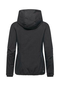 Schwarze Kapuzenjacke mit strukturierter Oberfläche, elastischen Bündchen und einem gerafften Saum. Verfügt über ein Logo-Etikett auf der Rückseite und ein minimalistisches Design.