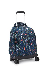 Valigia con ruote in tessuto blu marino, decorata con motivi colorati a tema spaziale, scomparti con zip e un charm di una scimmia pelosa sul cursore della zip.