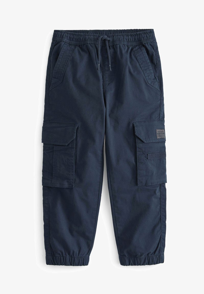 Navy Cargo-Hosen aus Baumwolle. Features elastischer Bund, verstellbarer Kordelzug und mehrere Seitentaschen. Glatte Textur, schmal zulaufendes Bein.