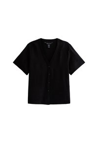 Černá halenka s krátkými rukávy, zapínáním na knoflíky a výstřihem do V, s texturovanou látkou, označena značkou New Look, velikost UK 16, vhodná pro běžné nošení.