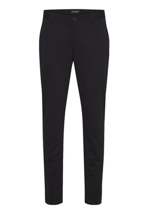 Zwarte straight-fit broek van een gladde stof, met een sluiting met een knoop aan de voorkant, twee zijzakken en een slank ontwerp.