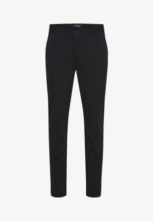 Melni taisni bikses, izgatavotas no gludas auduma, ar priekšējo pogu aizdari, divām sānu kabatām un slaidu dizainu.