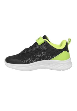 Baskets de sport noires et vert néon avec empeigne en mesh, semelle blanche texturée, lacets et bride en velcro vert néon avec languette au talon.